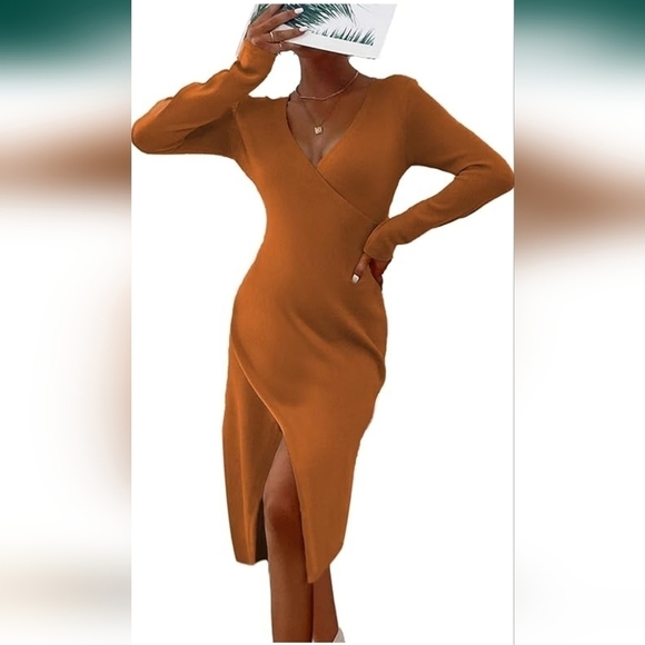 deep self Dresses & Skirts - DEEP SELF Women's Rust Midi Sweater Dress V Neck  Long Sleeve Dress L